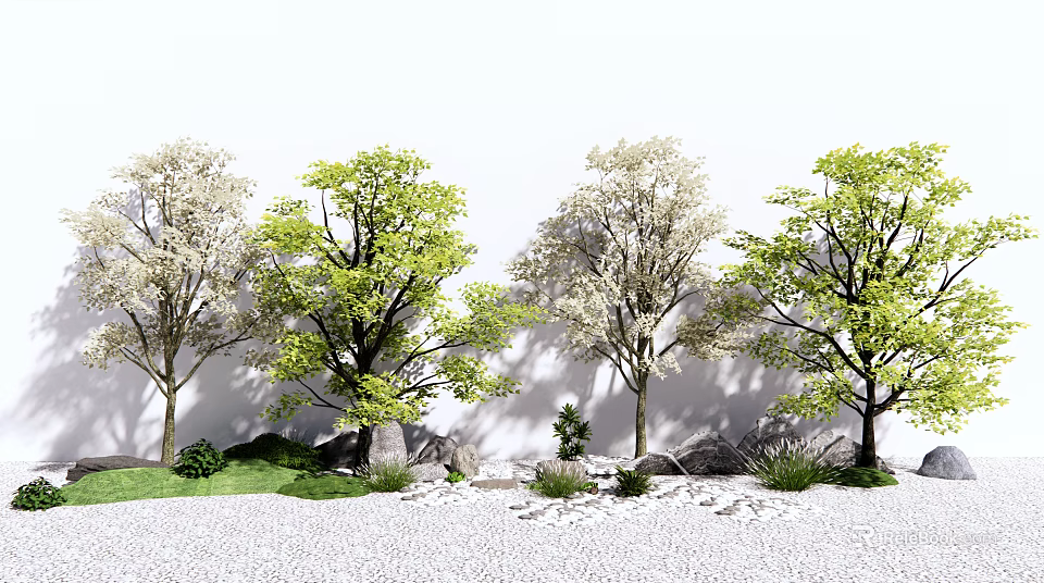 Trees Featuring White Flowers And Green Leaves With Small Shrubs Stones Grass And White Wall 3d model 