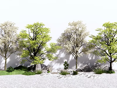 Trees Featuring White Flowers And Green Leaves With Small Shrubs Stones Grass And White Wall 3d model