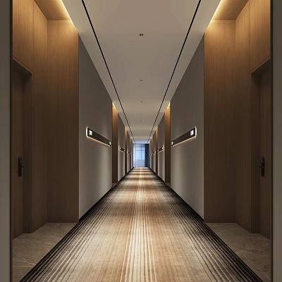 Sleek Modern Hotel Corridor with Wooden Walls Recessed Lighting and Carpeted Floor 3d model