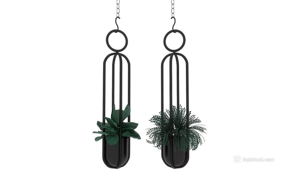 Black Metal Hanging Planters With Green Leafy Plants And Fern 3d model 