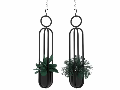 Black Metal Hanging Planters With Green Leafy Plants And Fern 3d model