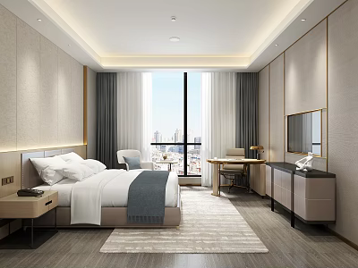 Modern Cozy Hotel Guest Room Interior With Comfortable Bed Large Window City View And Desk 3d model