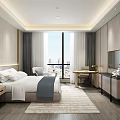 Modern Cozy Hotel Guest Room Interior With Comfortable Bed Large Window City View And Desk