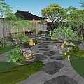 Traditional Japanese Courtyard Garden with Pavilion Trees Stone Lantern Rock Features Gravel Pathway and Moss Patches