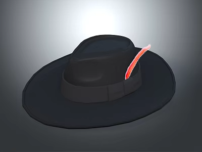 Fashionable Black Wide brimmed Hat With Red Feather And Decorative Ribbon Band 3d model