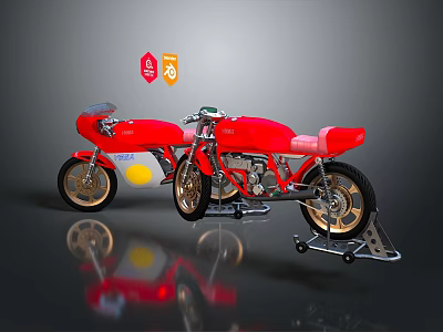 Two Red Motorcycles With Classic Design And Shiny Body Details 3d model