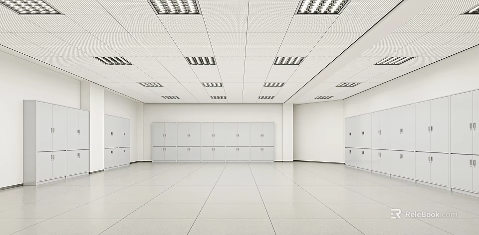 Spacious Empty Room With White Lockers Ceiling Lights White Walls And Floors 3d model 
