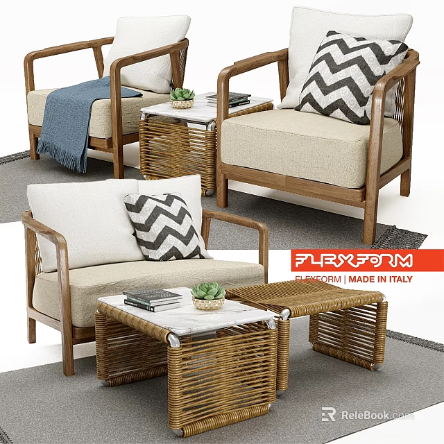 Rattan Sofa Chairs Set With Geometric Pillows Wooden Frame Italian Made Coffee Tables 3d model 