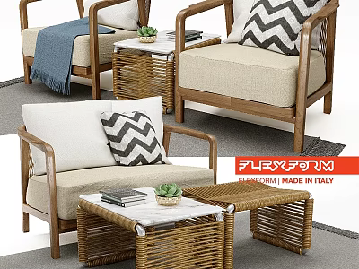 Rattan Sofa Chairs Set With Geometric Pillows Wooden Frame Italian Made Coffee Tables 3d model