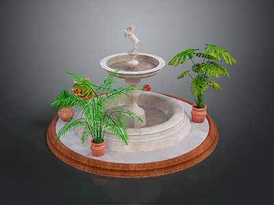 Outdoor Decorative Fountain With Stone Statue And Potted Green Plants On Circular Base 3d model