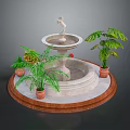 Outdoor Decorative Fountain With Stone Statue And Potted Green Plants On Circular Base