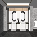 Public Restroom Interior Design With Double Marble Sinks Oval Mirrors And Gray Stone Walls