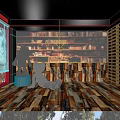 Wooden Plank Background Wall with Bookshelves Filled with Books and Metal Sculptures on Wooden Floor