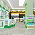 Pharmacy Store Interior with Shelves Medicines Green Decor and TV Screen