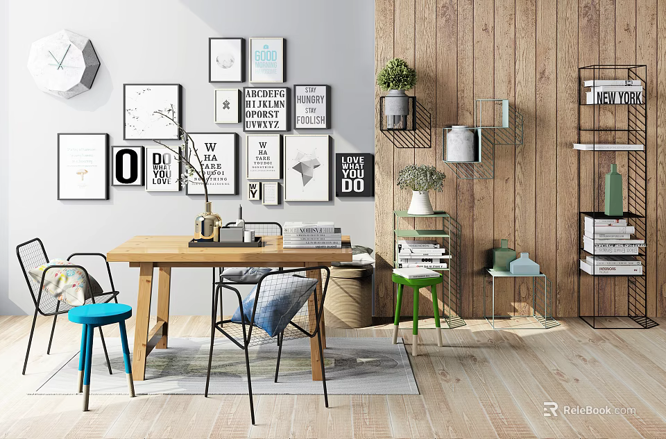 Modern Dining Table Set With Framed Artworks Potted Plants And Colorful Stools 3d model