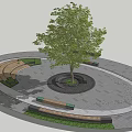 Landscape Seats In Circular Plaza With Central Tree Gray Pavement And Green Plants
