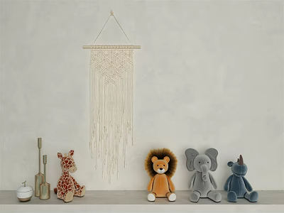 Plush Stuffed Animals Giraffe Lion Elephant Unicorn On Shelf With Grey Wall And Macrame Hanging 3d model