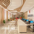 Modern Convenience Service Hall Interior With Service Counters Computers Seats And Green Plants