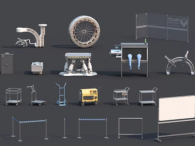 Industrial Equipment Including Various Carts Tool Racks Metal Frames And Mechanical Parts 3d model