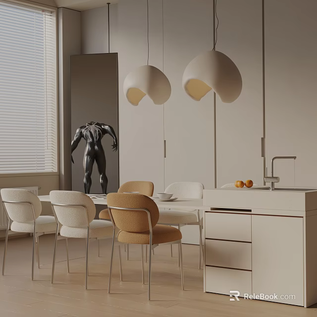 Modern Dining Table Set With Beige Brown Chairs And Pendant Lights 3d model