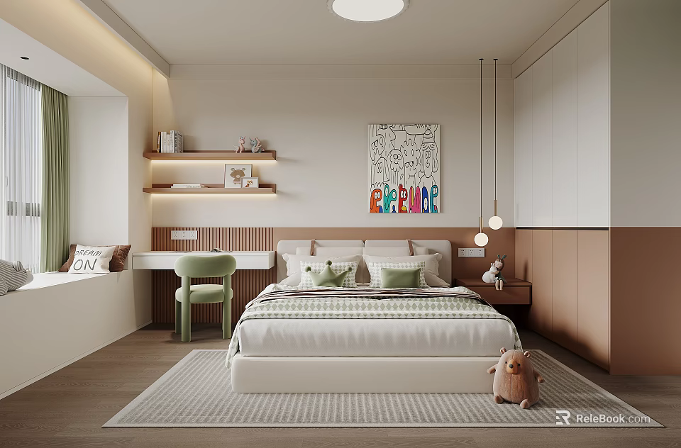 Modern Kids Room With Bed Green Pillows Desk Green Chair PEACE Painting And Stuffed Toy 3d model 