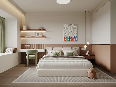 Modern Kids Room With Bed Green Pillows Desk Green Chair PEACE Painting And Stuffed Toy 3d model