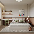 Modern Kids Room With Bed Green Pillows Desk Green Chair PEACE Painting And Stuffed Toy