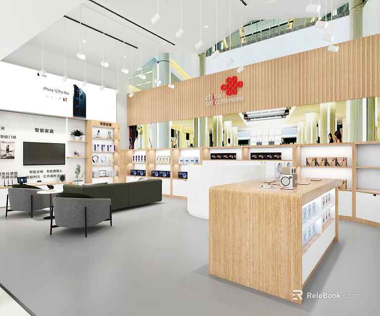 Modern Digital Store Interior With Product Displays And Seating Area 3d model