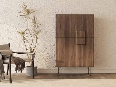 Modern Armchair With Throw Blanket Near Potted Plant And Wooden Cabinet Against Light Textured Wall 3d model