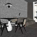 Round Black Dining Table With Rattan Back Chairs White Vase And Pendant Light In Modern Space