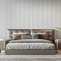Modern Double Bed With White And Brown Pillows Wooden Nightstands In Bedroom Interior