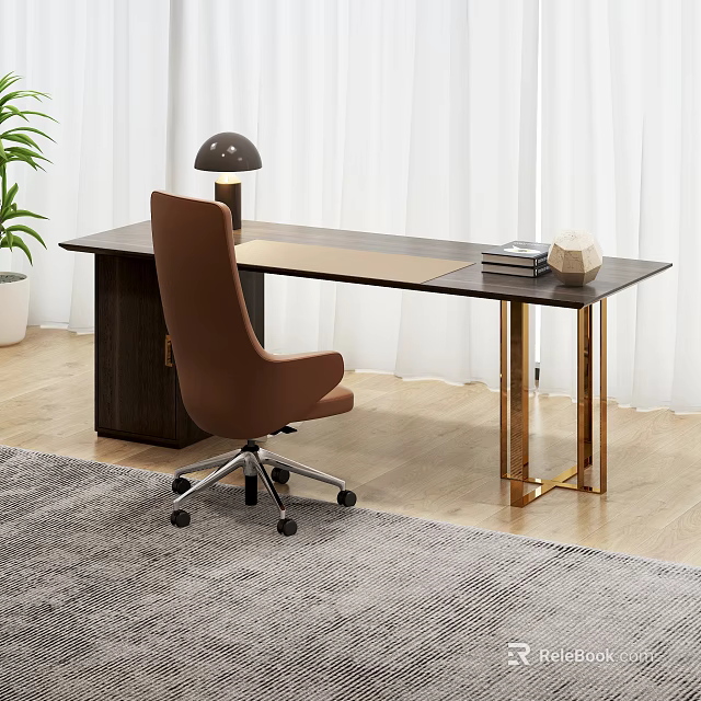Modern Dark Wood Desk With Gold Legs Brown Chair Black Lamp Books And Decorative Object 3d model 
