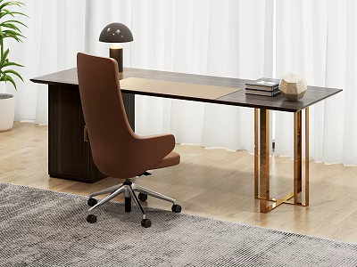 Modern Dark Wood Desk With Gold Legs Brown Chair Black Lamp Books And Decorative Object 3d model