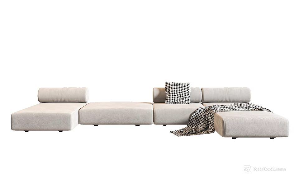 Beige L Shaped Sectional Sofa with Black White Checkered Throw Pillows and Soft Throw Blanket 3d model