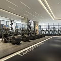 Modern Fitness Gym Interior With Treadmills Green Seats Large Windows And Wooden Ceiling Decor