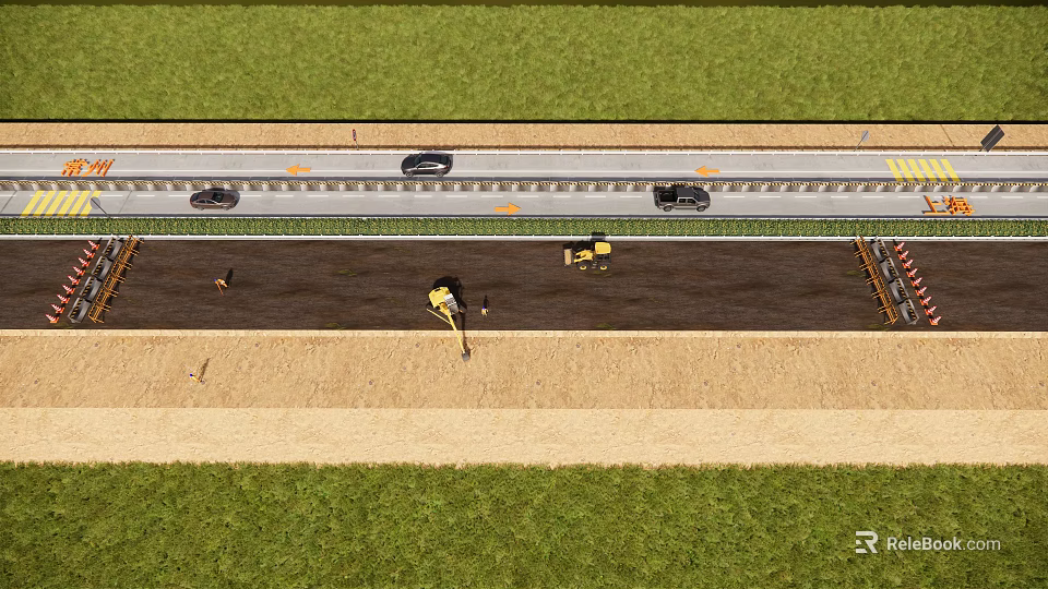 Road Construction Work In Progress With Workers Vehicles Asphalt Pavement And Green Grass 3d model