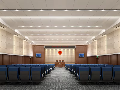 Courtroom Interior Design With Blue Seats Judge Bench Red Badge Wooden Walls And Ceiling Lights 3d model