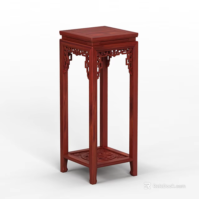 Red Wooden Flower Stand With Intricate Carvings And Square Top Design 3d model 