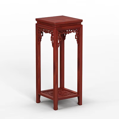 Red Wooden Flower Stand With Intricate Carvings And Square Top Design 3d model