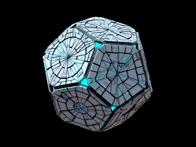 Cartoon Scene Featuring Geometric Polyhedron With Grid Pattern And Blue Glowing Points 3d model