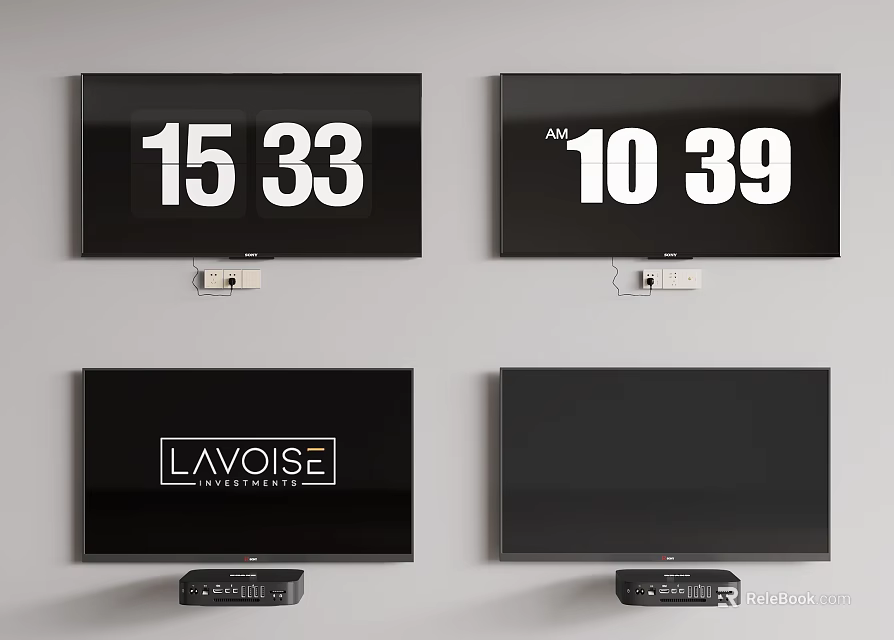 Wall Mounted Televisions Displaying Time Brand Logo And Black Screens 3d model 