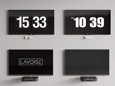 Wall Mounted Televisions Displaying Time Brand Logo And Black Screens 3d model