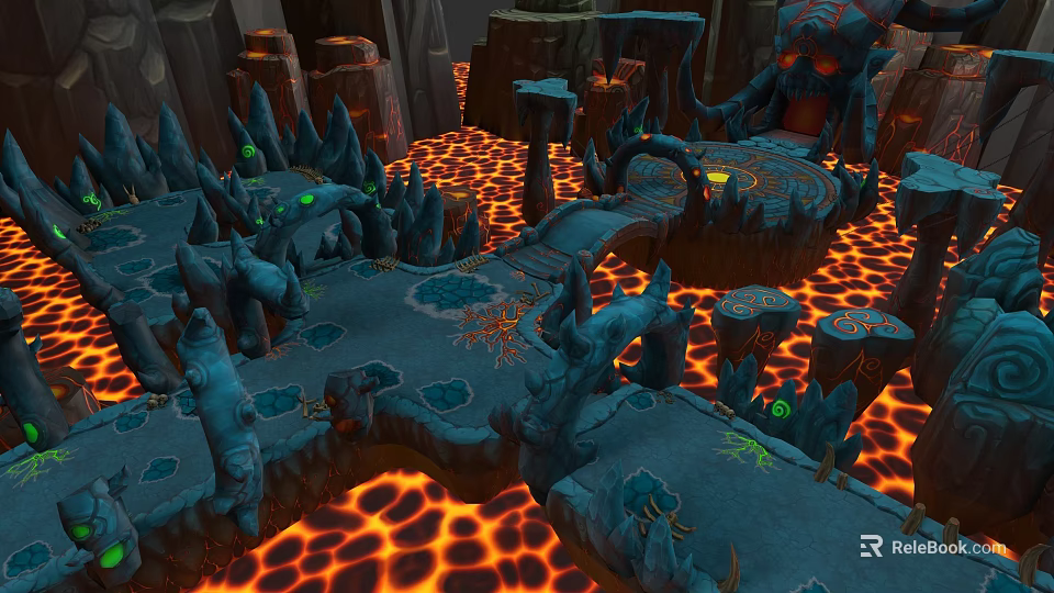 Blue Rockery Stones with Various Shapes Green Glowing Spots and Lava Textures in Mysterious Scene 3d model 