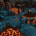 Blue Rockery Stones with Various Shapes Green Glowing Spots and Lava Textures in Mysterious Scene