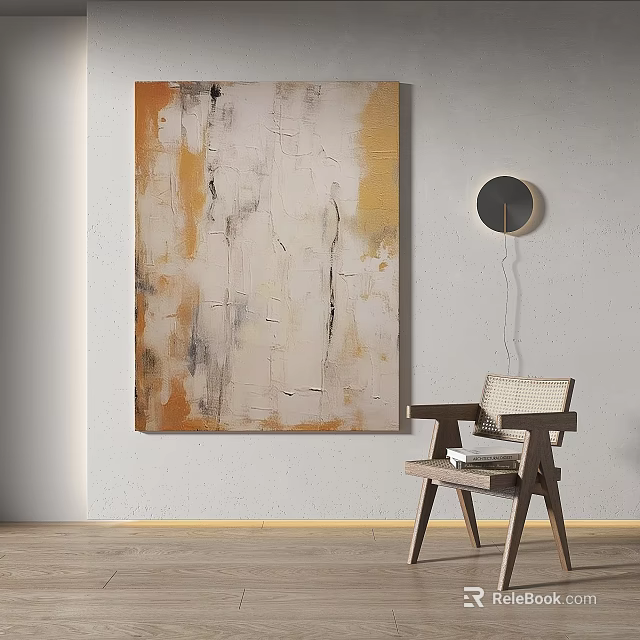 Textured Abstract Painting with Beige Brown Black Tones Hanging on Wall Near Chair Round Mirror 3d model 