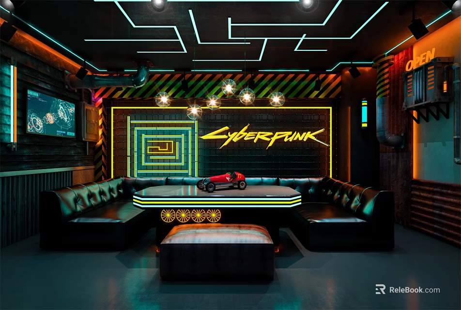 Cyberpunk Themed Interior Space With Neon Lights Sofas And TV Screen 3d model 