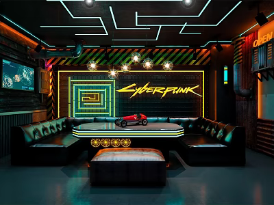Cyberpunk Themed Interior Space With Neon Lights Sofas And TV Screen 3d model