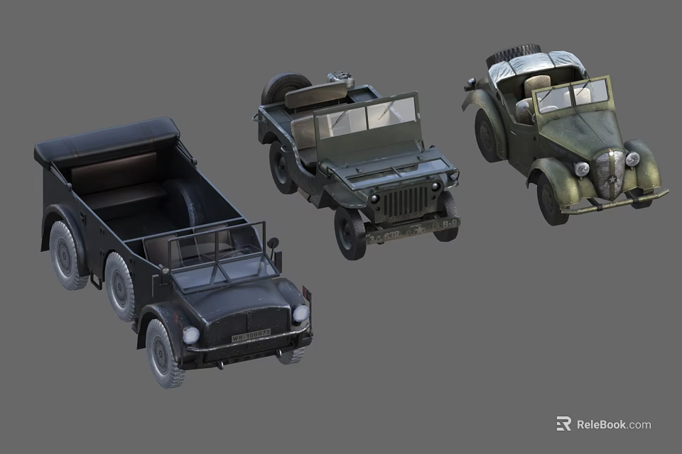 Vintage Military Vehicles Collection Featuring Truck Jeep And Classic Car Models 3d model 