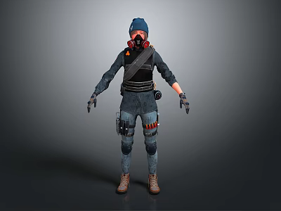 Game Movie Character With Blue Beanie Gas Mask Tactical Vest Jeans And Brown Boots 3d model
