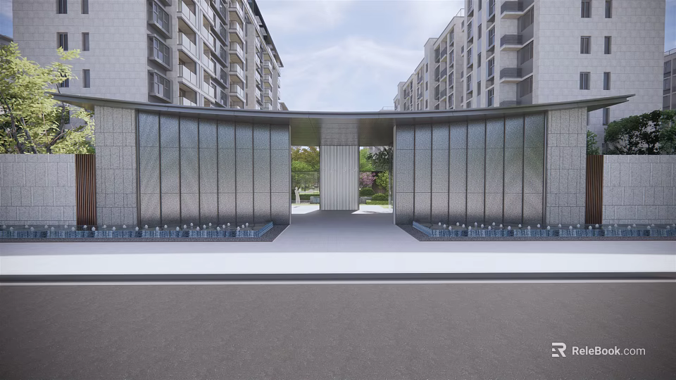 Modern High Rise Residential Landscape Featuring Curved Entrance Fountains And Greenery 3d model 